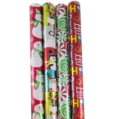 JAM Paper® Wrapping Paper - Premium Foil Gift Wrap - 100 Sq Ft - Red HoHoHo Santa Set - 4/Pack