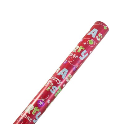 JAM Paper® Christmas Wrapping Paper, 25 Sq. Ft., Holographic Red with Merry Christmas, Sold Individually (165HreMC)