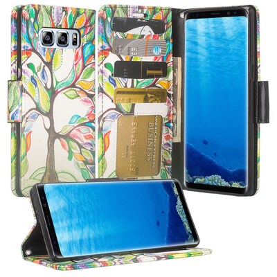 Green Tree Wallet Credit Card Holder with Stand Cellphone Case for Samsung Galaxy Note 8