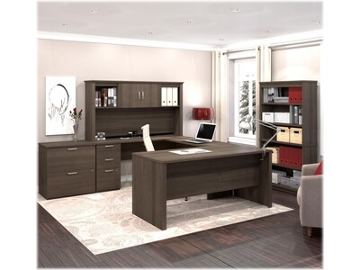 Bestar Logan 66" U-Shaped Executive Desk with Hutch, Lateral File Cabinet, and Bookcase, Antigua (46851-52)