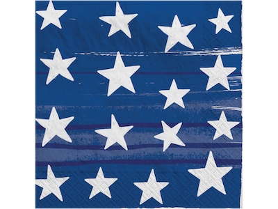 Amscan Painted Stars Patriotic Fourth of July Beverage Napkins, Blue/White, 100/Pack (703079)