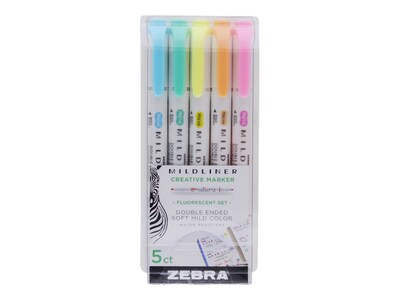Zebra Mildliner Fluorescent Stick Highlighters, Twin Tip, Assorted, 5/Pack (78105)