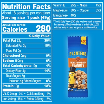 Planters® Honey Roasted Peanuts, 1.75 oz. Bags, 18/Box (07566)