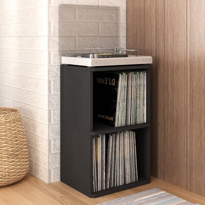 Way Basics 29.1"H 2 Shelf Vinyl Record Storage Cube and LP Record Album Modern Eco Shelf, Black Wood Grain (WB-2LP-BK)