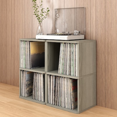 Way Basics 29.1"H 2 Shelf Vinyl Record Storage Cube and LP Record Album Modern Eco Shelf, Gray Wood Grain (WB-2LP-GY)