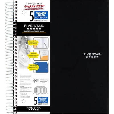 Five Star 5-Subject Notebook, 8.5 x 11, College Ruled, 200 Sheets, Black (72081)