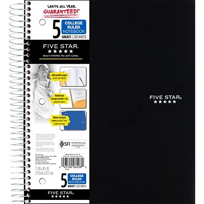 Five Star 5-Subject Notebook, 8.5 x 11, College Ruled, 200 Sheets, Black (72081)
