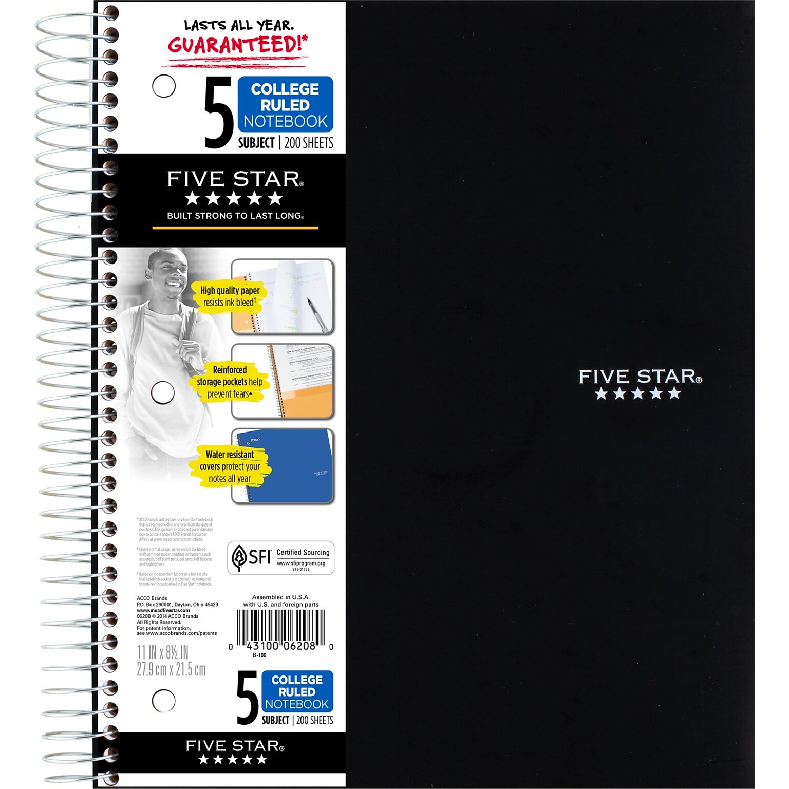 Five Star 5-Subject Subject Notebook, 8.5 x 11, College Ruled, 200 Sheets, Black (72081)