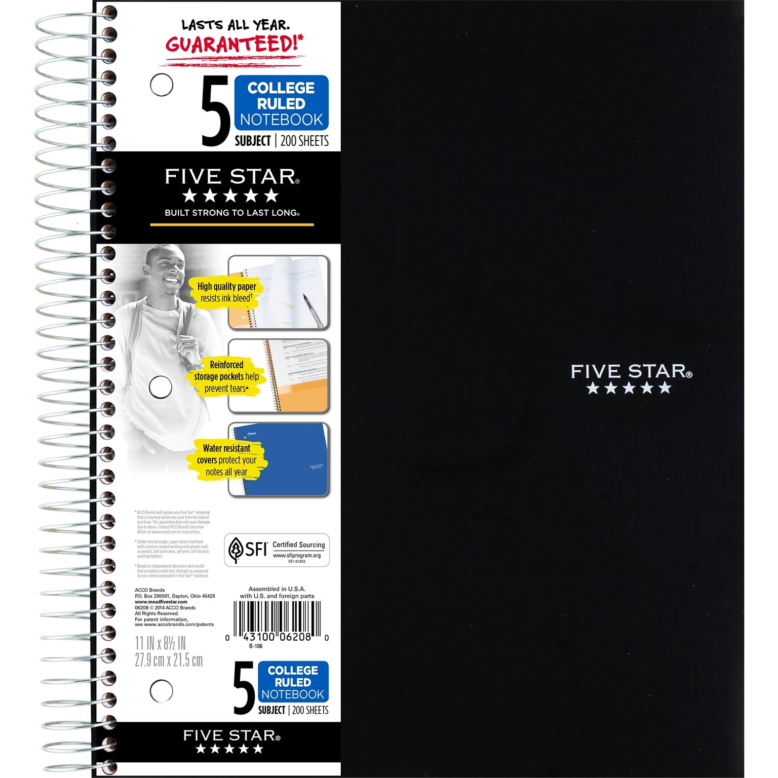 Five Star 5-Subject Notebook, 8.5 x 11, College Ruled, 200 Sheets, Black (72081)