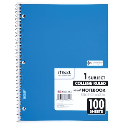 Mead 1-Subject Notebooks, 8" x 11", College Ruled, 100 Sheets, Each (6622)