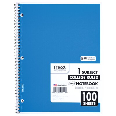 Mead 1-Subject Notebooks, 8" x 11", College Ruled, 100 Sheets (6622)