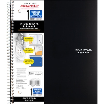 Five Star Wirebound Notebook, 1-Subject Notebook, 8.5" x 11", College Ruled, 100 Sheets, Black (72057)