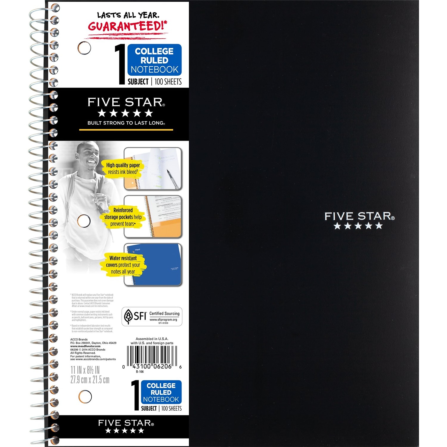 Five Star Wirebound Notebook, 1-Subject Notebook, 8.5 x 11, College Ruled, 100 Sheets, Black (72057)