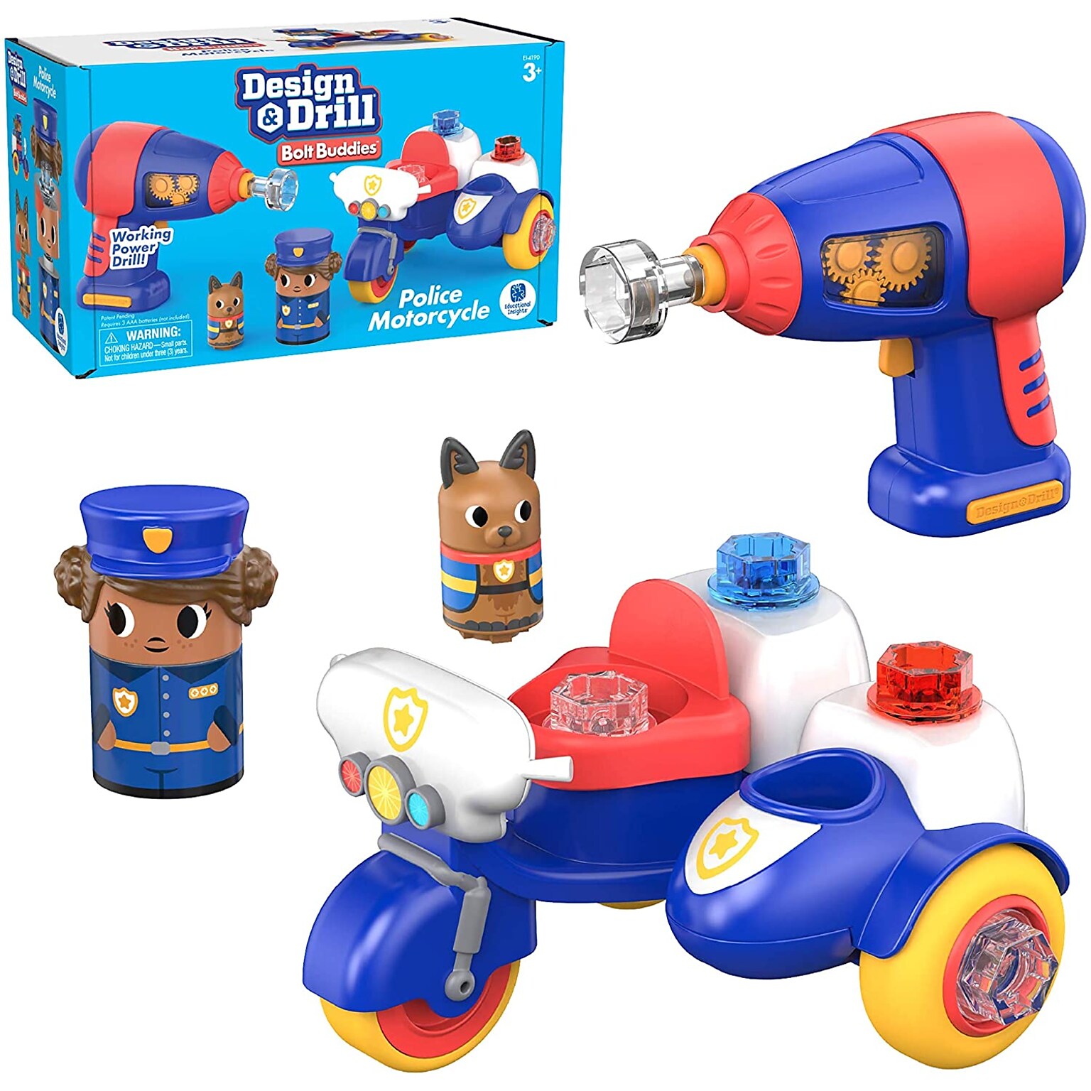 Educational Insights Design & Drill Bolt Buddies Police Motorcycle, Multicolor (4190)