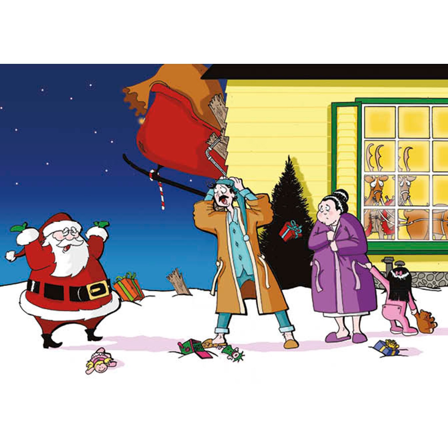 Cartoon Santa Crashed Sleigh Humerous Christmas Greeting Cards, With A7 Envelopes, 7 x 5, 25 Cards per Set
