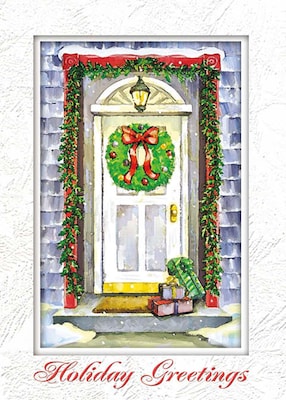 Holiday Greetings White Door With Wreath Seasonal Greeting Cards, With A7 Envelopes, 7 x 5, 25 Car