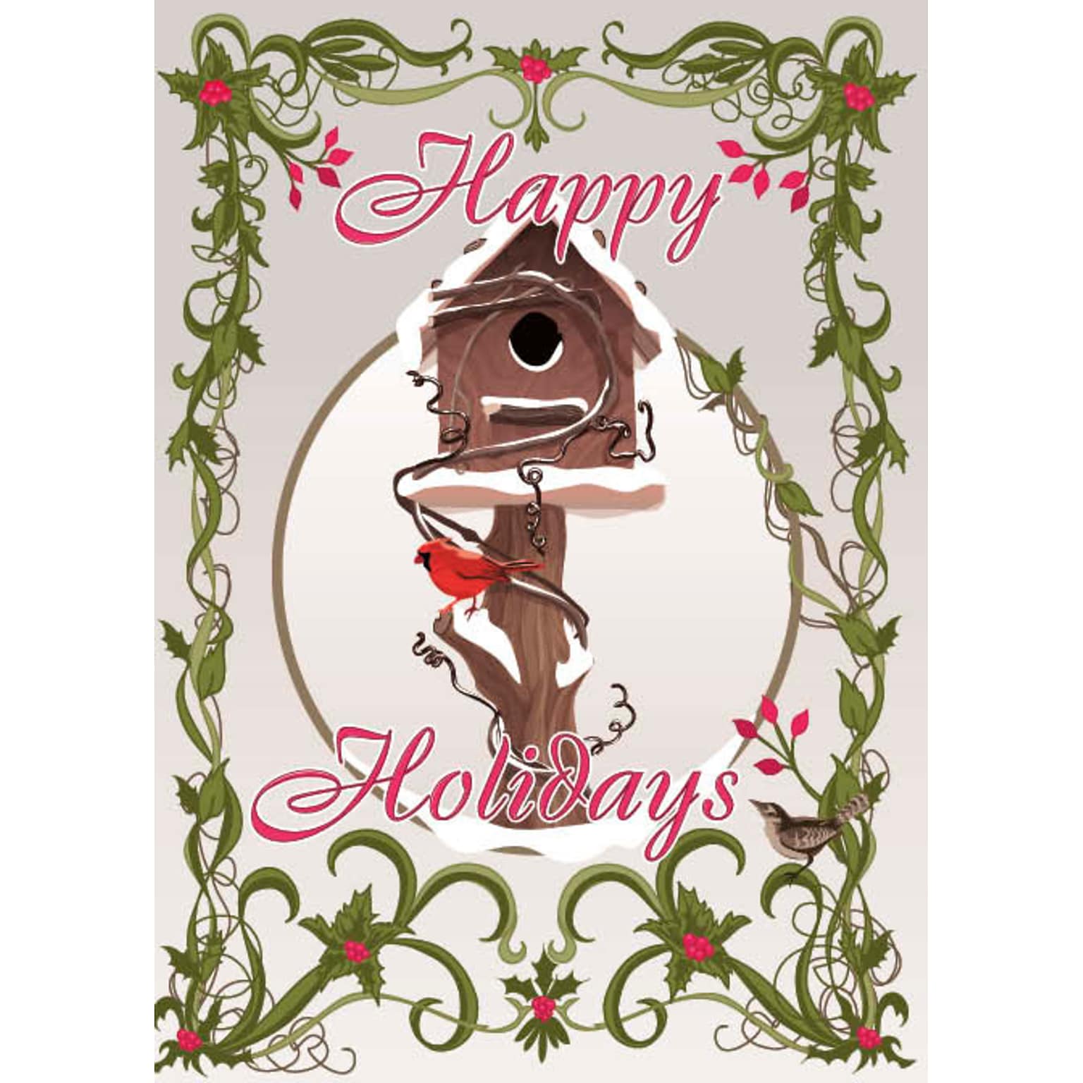 Happy Holidays Cardinal And Bird House Holiday Greeting Cards, With A7 Envelopes, 7 x 5, 25 Cards per Set