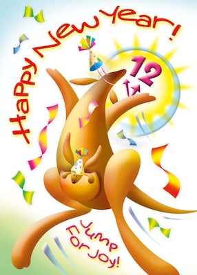 Happy New Year Jump For Joy Kangaroo Holiday Greeting Cards, With A7 Envelopes, 7 x 5, 25 Cards pe