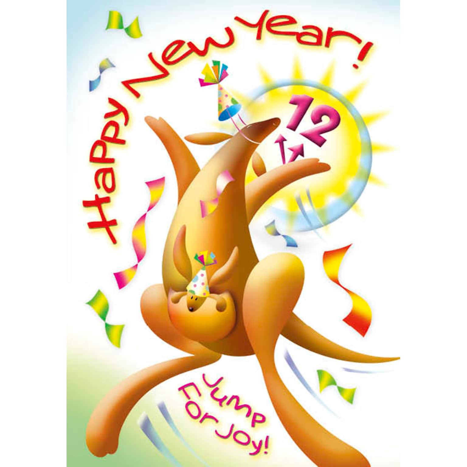Happy New Year Jump For Joy Kangaroo Holiday Greeting Cards, With A7 Envelopes, 7 x 5, 25 Cards per Set
