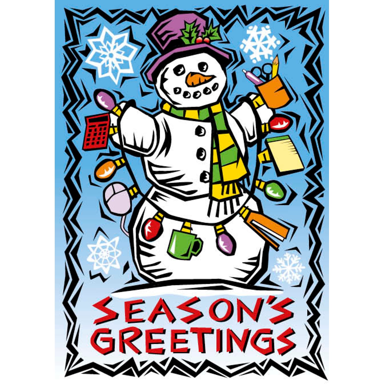 Seasons Greetings Snowman And Office Supplies Holiday Greeting Cards, With A7 Envelopes, 7 x 5, 25 Cards per Set