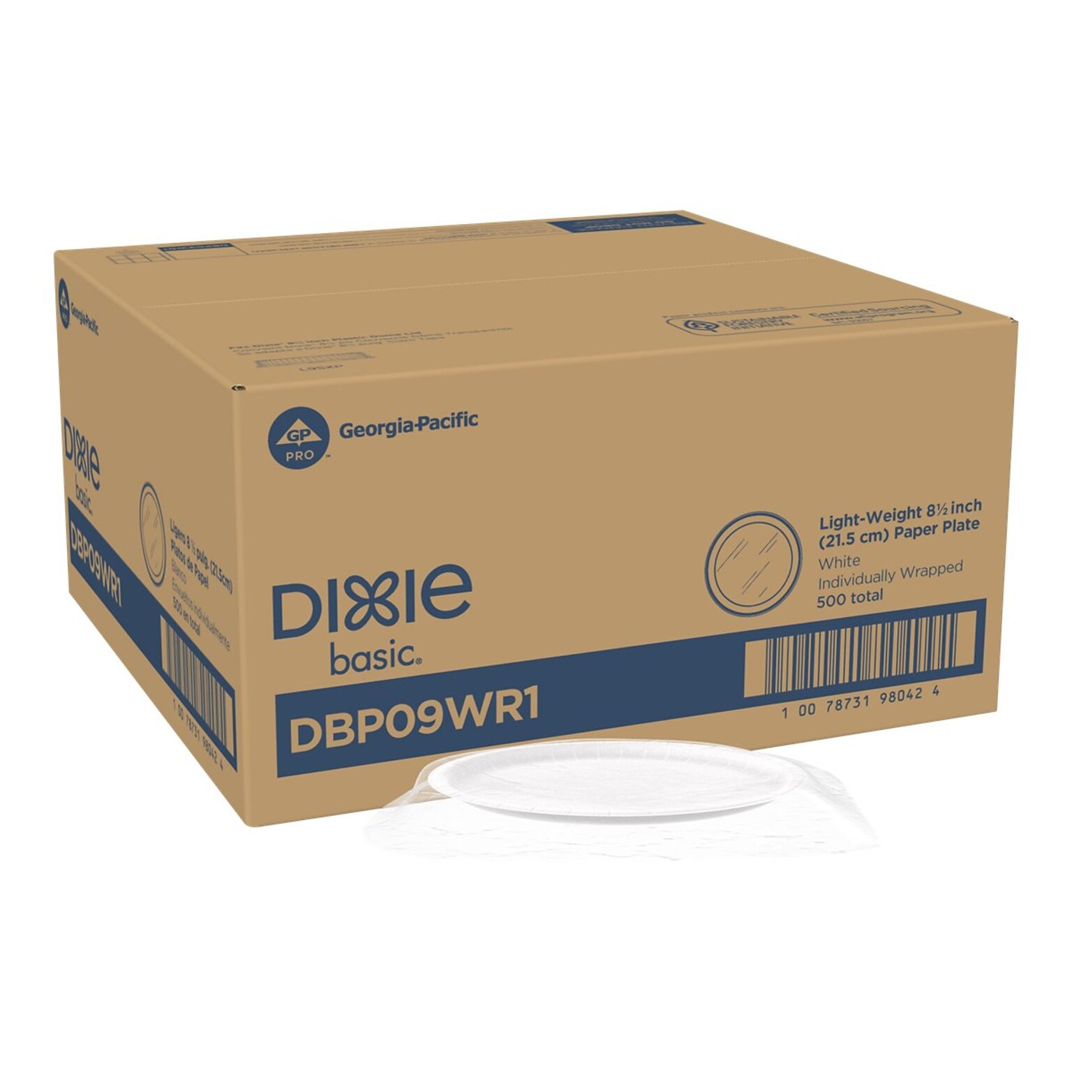 Dixie Basic Individually Wrapped Paper Plates, 8.5, White, 500 Plates/Case (DBP09WR1)