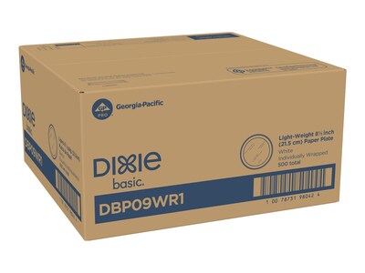 Dixie Basic Individually Wrapped Paper Plates, 8.5", White, 500 Plates/Case (DBP09WR1)