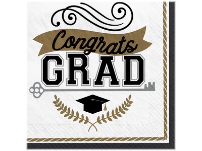 Amscan Achievement is Key Graduation Luncheon Napkin, White/Black/Gray/Gold, 100/Pack (712738)