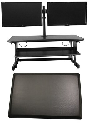 Rocelco 37"W Deluxe Adjustable Desk Riser with Energizing Anti-Fatique Mat and Dual Articulating Monitor Mount (R DADRB-DM2-MAF)
