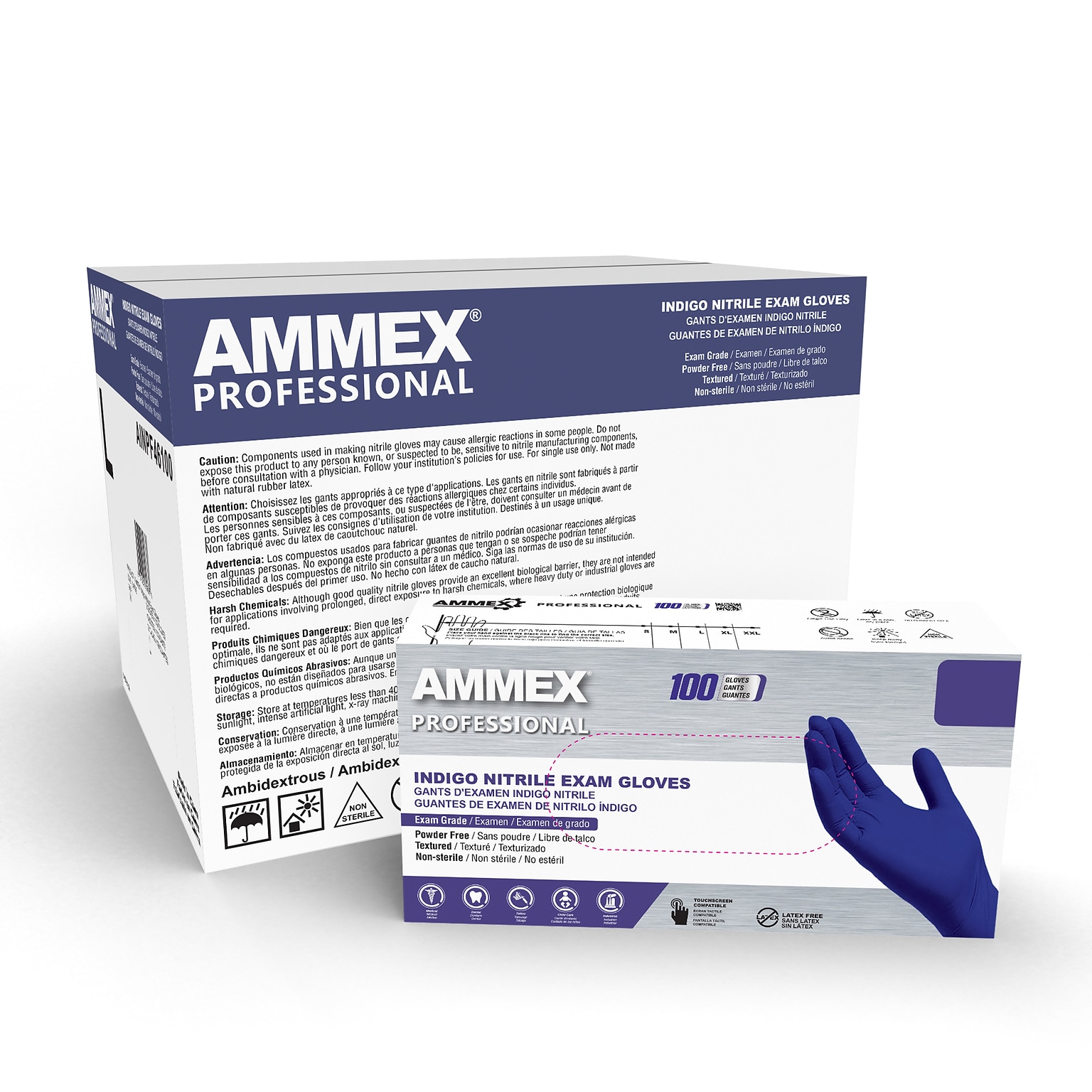 Ammex Professional Series Powder Free Nitrile Exam Gloves, Latex Free, XL, Indigo, 100/Box, 10/Carton (AINPF48100-CC)