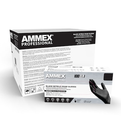 Ammex Professional Series Powder Free Nitrile Exam Gloves, Latex Free, Medium, Black, 100/Box, 10/Ca