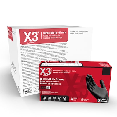 X3 Powder-Free Nitrile Gloves, Latex Free, XL, Black, 100/Box, 10 Boxes/Carton (BX348100-CC)