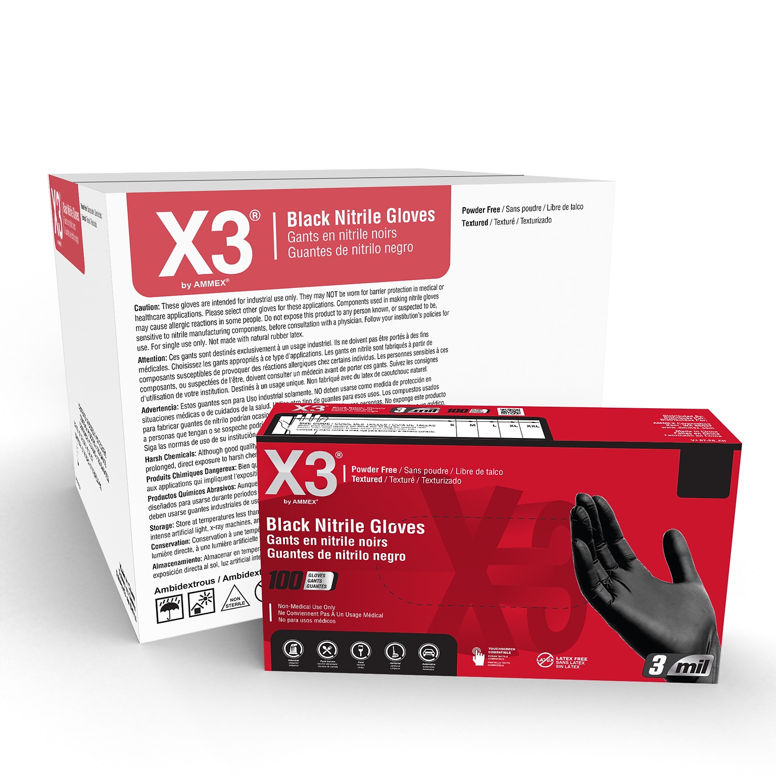 X3 Powder-Free Nitrile Gloves, Latex Free, XL, Black, 100/Box, 10 Boxes/Carton (BX348100-CC)