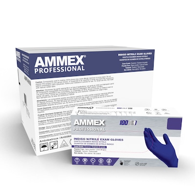 Ammex Professional Series Powder Free Nitrile Exam Gloves, Latex-Free, Large, Indigo, 100/Box, 10/Ca