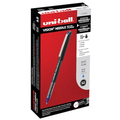 uni-ball Vision Needle Rollerball Pens, Micro Point, Blue Ink, 12/Pack (1734919)