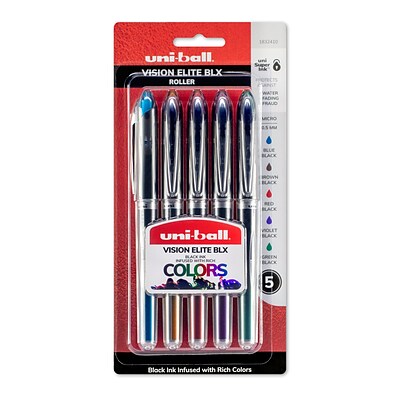 uni-ball Vision Elite BLX Rollerball Pen, Micro Point, Assorted Ink, 5/Pack (1832410)
