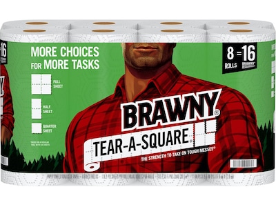 Brawny Tear-A-Square Paper Towels, 2-ply, 128 Sheets/Roll, 8 Rolls/Pack (442135)