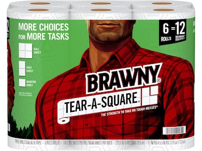 Brawny Tear-A-Square Paper Towels, 2-ply, 128 Sheets/Roll, 6 Rolls/Pack (441745)