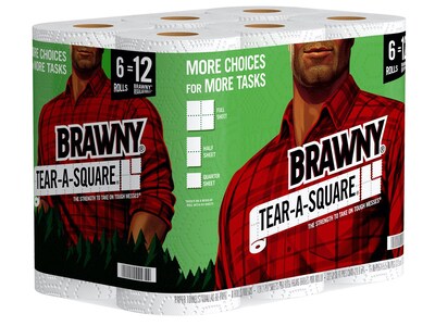 Brawny Tear-A-Square Paper Towels, 2-ply, 128 Sheets/Roll, 6 Rolls/Pack (441745)