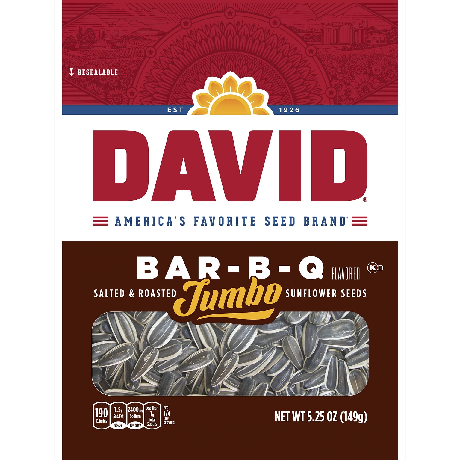 David Jumbo Roasted BBQ Sunflower Seeds, Unshelled, 5.25 oz., 12 Bags/Pack (GOV46570)