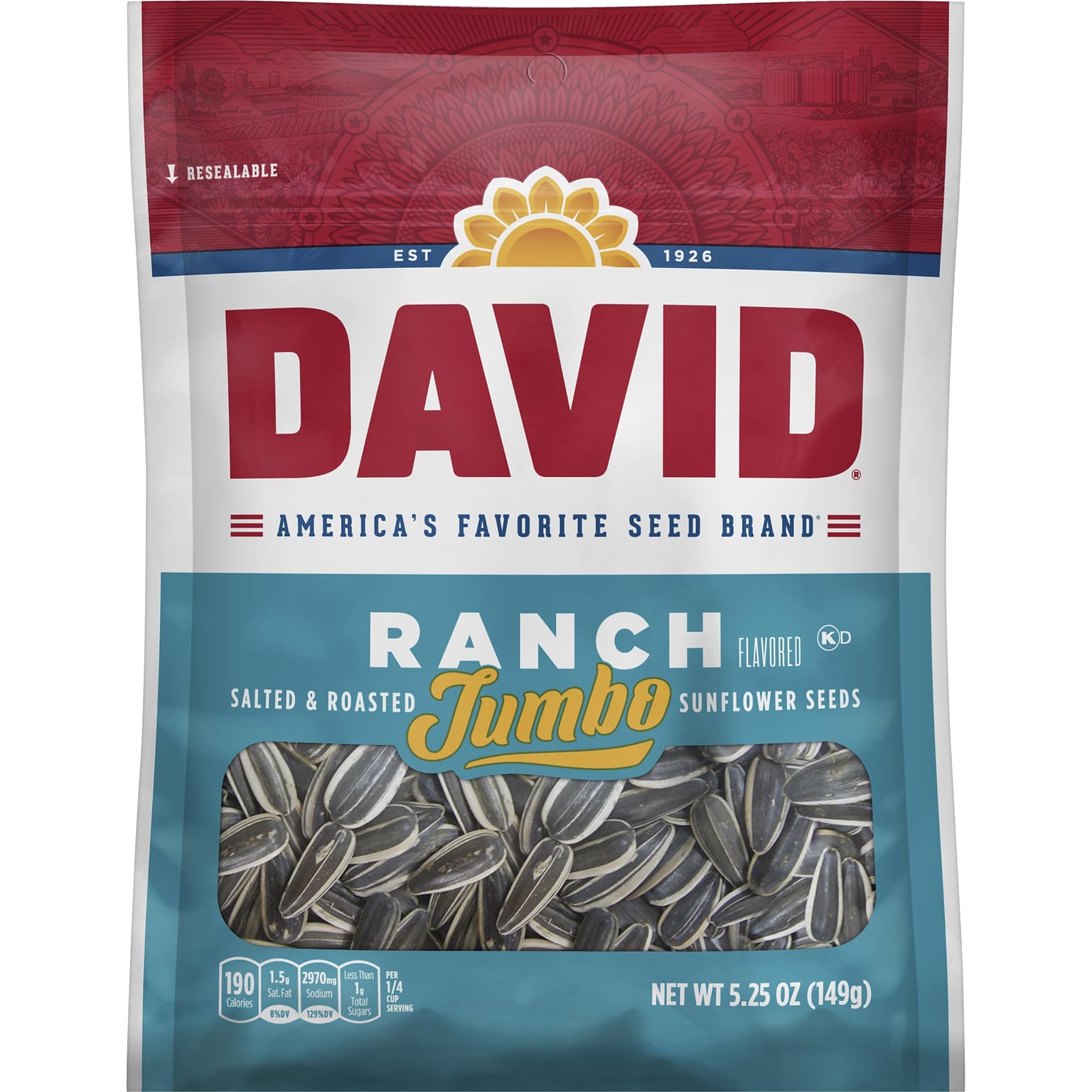 David Jumbo Roasted Ranch Sunflower Seeds, Unshelled, 5.25 oz., 12 Bags/Pack (GOV46770)