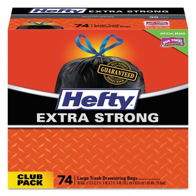 Hefty Ultra Strong 30 Gallon Kitchen Trash Bag, 30 x 33, Low Density, 1.1 mil, Black, 222 Bags/Box