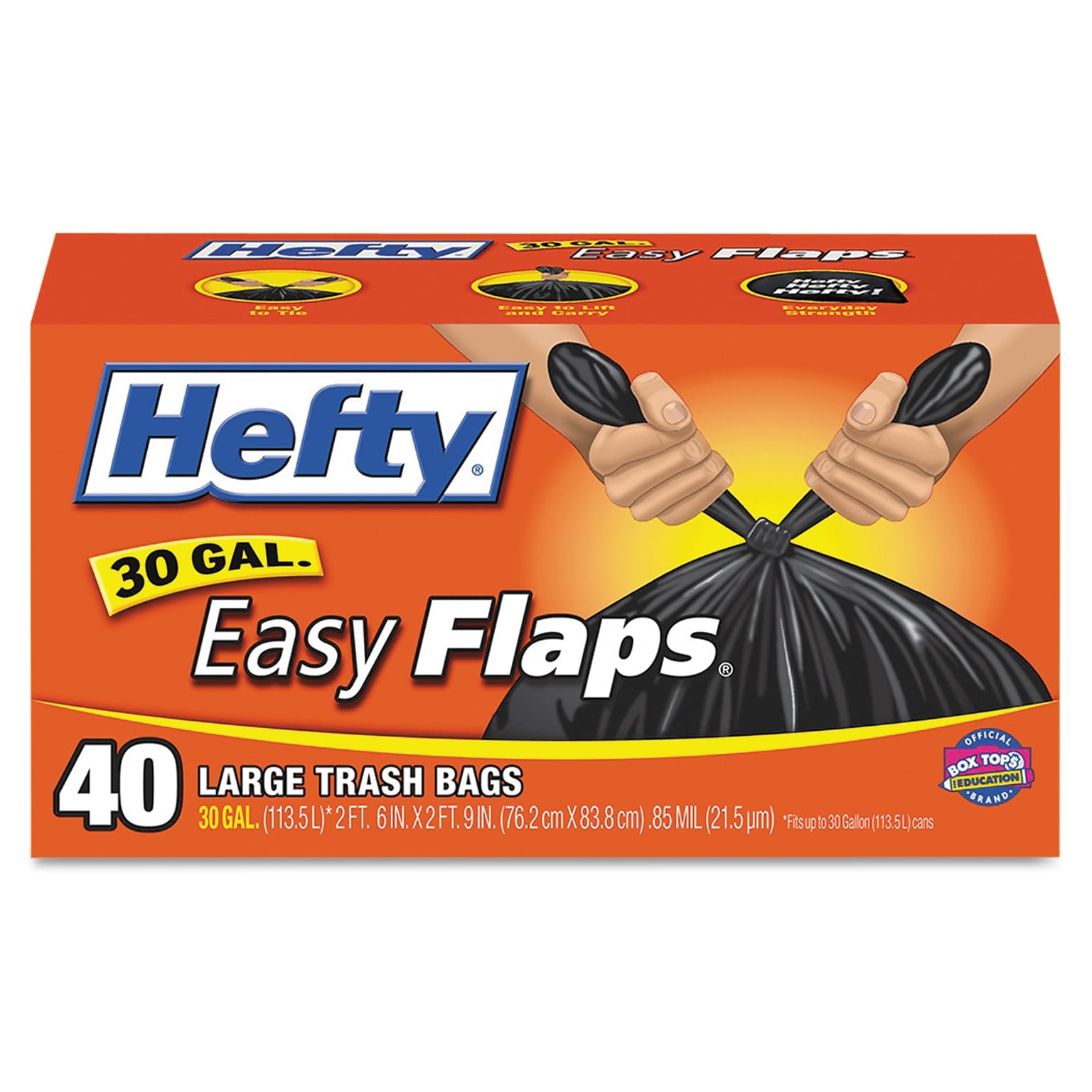 Hefty Easy Flaps 30 Gallon Trash Bag, 30 x 33, Low Density, 0.85 mil, Black, 40 Bags/Box, 6 Boxes/Carton (RFPE27744CT)