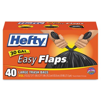 Hefty Easy Flaps 30 Gallon Trash Bag, 30 x 33, Low Density, 1.05 mil, Black, 40 Bags/Box (PAC E27744)