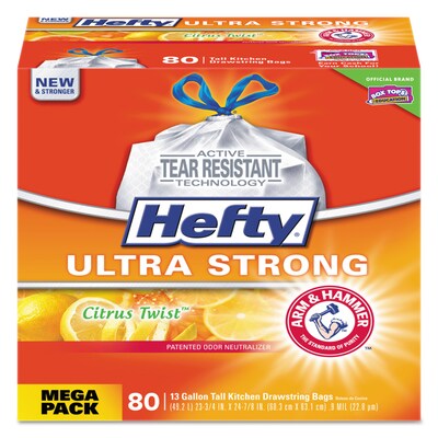 Hefty® Ultra Strong Scented Tall White Kitchen Bags, 13 gal, 0.9 mil, 23.75 x 24.88, White, 80/Box
