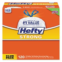 Hefty® Strong Tall Kitchen Drawstring Trash Bags, 13 Gallon, 0.9 Mil, 23.75 x 27, White, 120 Bags/