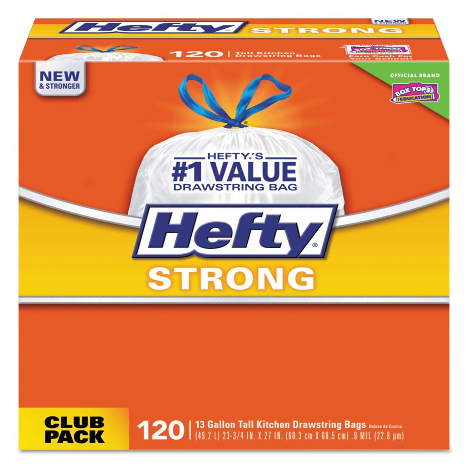 Hefty® Strong Tall Kitchen Drawstring Trash Bags, 13 Gallon, 0.9 Mil, 23.75 x 27, White, 120 Bags/Box, 3 Boxes/Carton