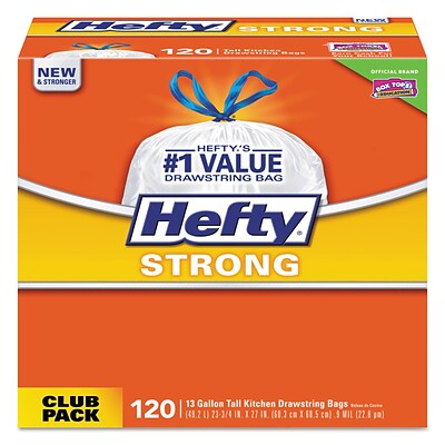Hefty® Strong Tall Kitchen Drawstring Bags, 13 gal, 0.9 mil, 24 x 27.75, White, 120/Box