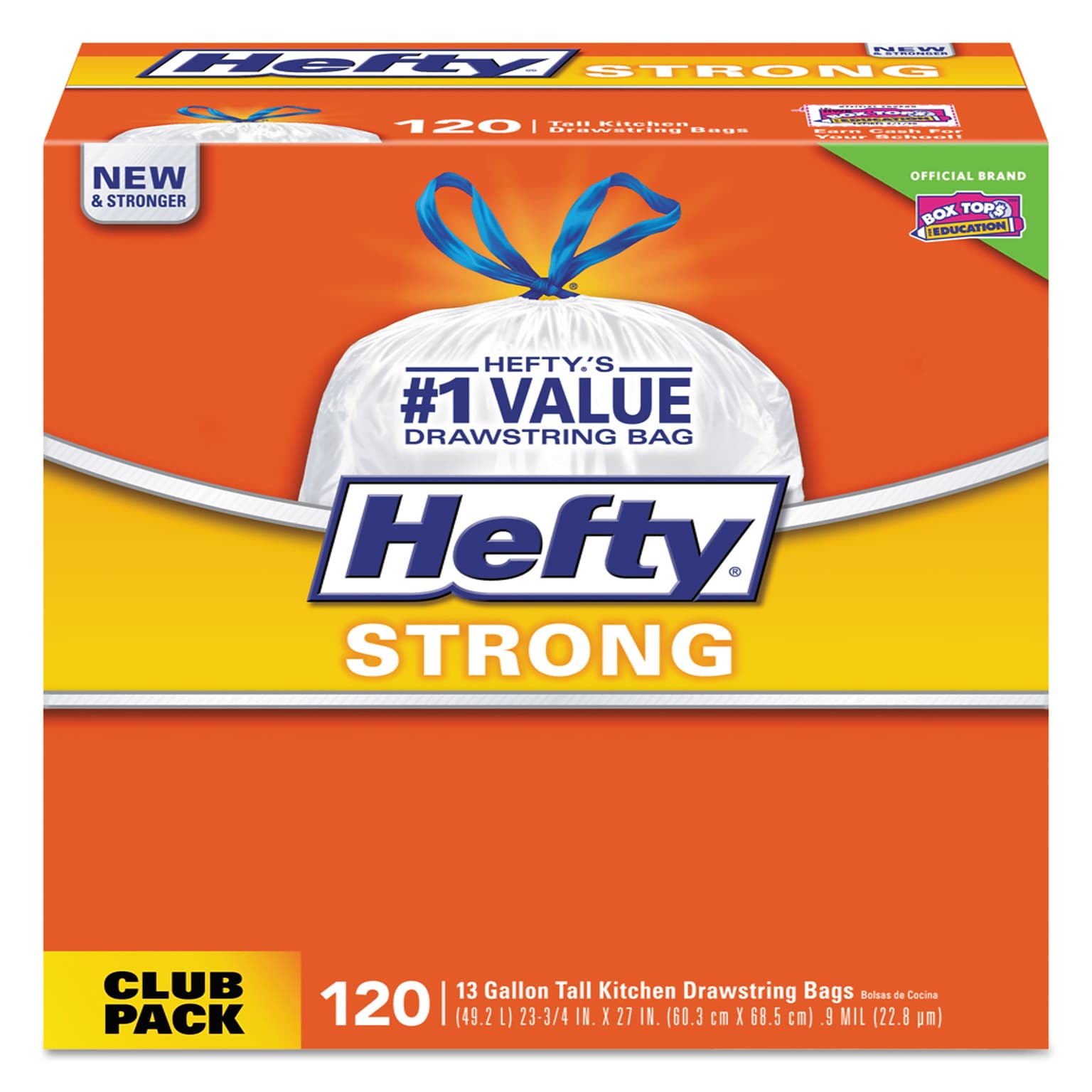 Hefty® Strong Tall Kitchen Drawstring Trash Bags, 13 Gallon, 0.9 Mil, 24 x 27.75, White, 120/Box