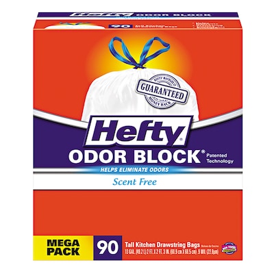 Hefty® Strong Tall Kitchen Drawstring Trash Bags, 13 Gallon, 0.9 Mil, 23.75 x 27, White, 90/Box, 3