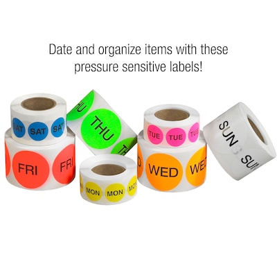 Tape Logic 2" Circle "MON" Days of the Week Label, Fluorescent Yellow, 500/Roll